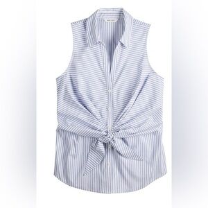 Nine West Blue and White Notched Collar Tie-Front Blouse